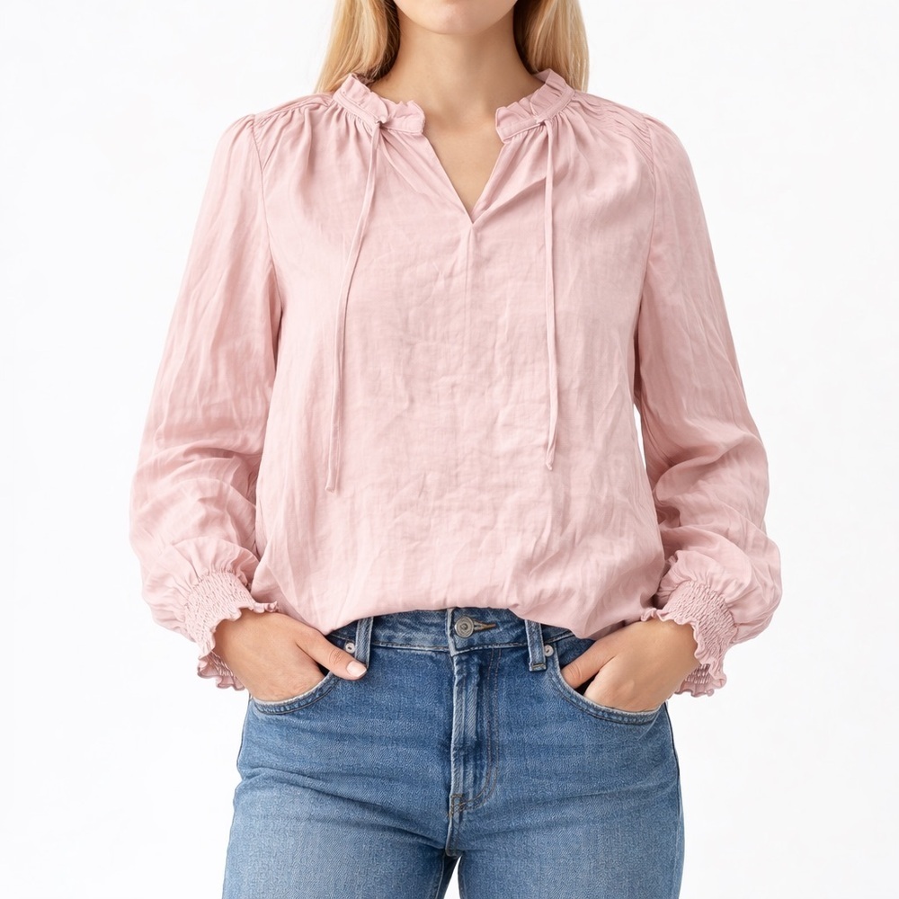 Maison d’Amélie Paris Blush Satin Tie-Neck Blouse Size S Romantic Feminine Top